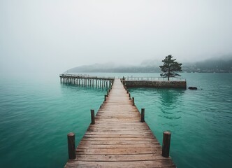 Obraz premium A Beautiful Serene Lake View Featuring a Wooden Pier Set Within a Misty Landscape Scene