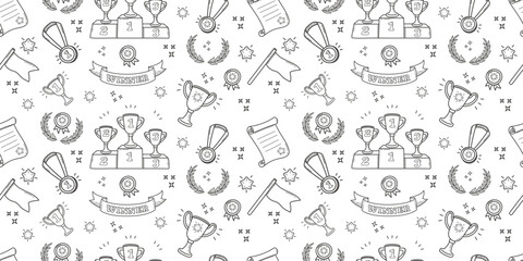 Doodle pattern sport. Background with linear symbols of winner. Black and white pattern with cups