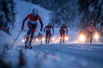 Competitive Nordic Combined Athletes Race Through Snowy Landscape At Dusk Under Glistening Snowfall