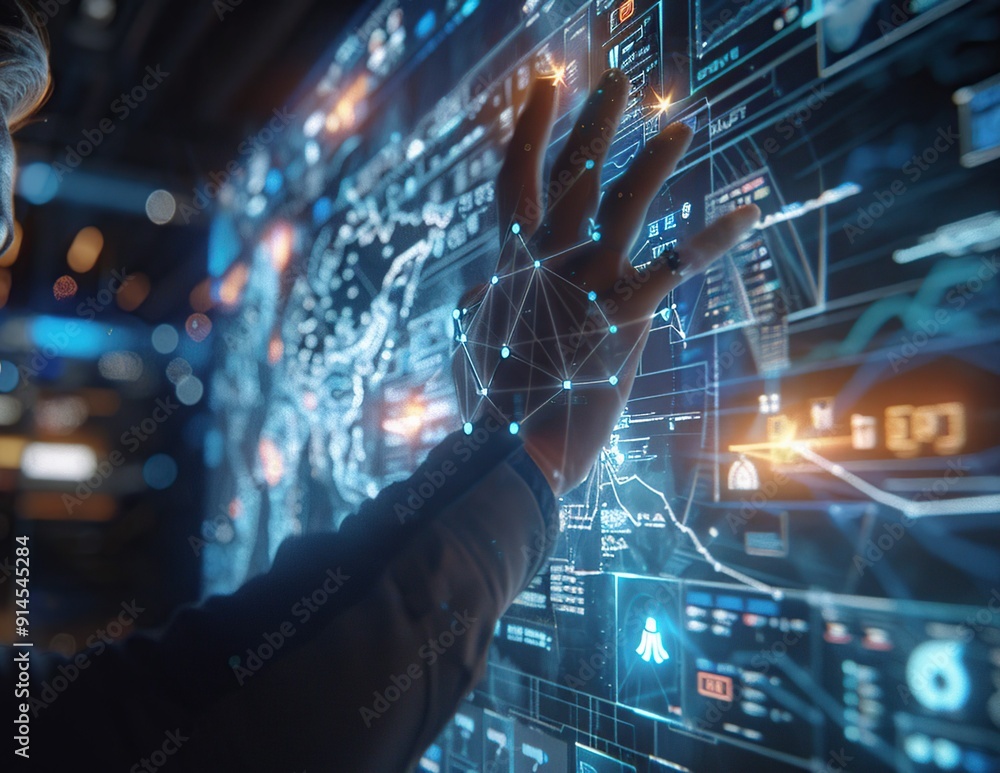 Poster man interacting with futuristic interface