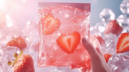 Fototapeta premium Fresh Strawberries Surrounded by Ice Chunks in a Clear Bag During Bright Daylight