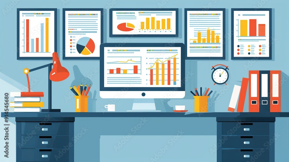 Poster workplace with data analysis and graphs