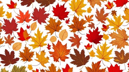  a seamless pattern of autumn leaves. The layout is a scattered arrangement of various types of leaves, predominantly maple, in vibrant fall colors including red, orange, yellow, and brown.