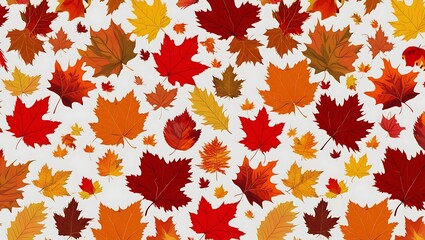  a seamless pattern of autumn leaves. The layout is a scattered arrangement of various types of leaves, predominantly maple, in vibrant fall colors including red, orange, yellow, and brown.