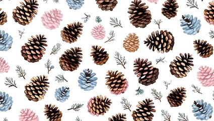 Seamless pattern featuring a variety of pine cones and evergreen branches. The layout is a repeating design with pine cones in different shades of brown, pink, and blue, evenly distributed across a wh
