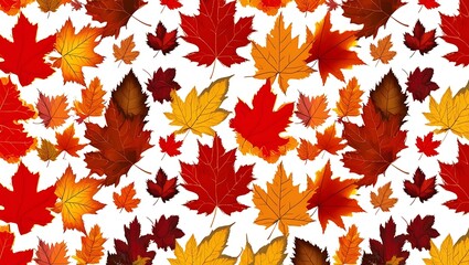  a seamless pattern of autumn leaves. The layout is a scattered arrangement of various types of leaves, predominantly maple, in vibrant fall colors including red, orange, yellow, and brown.