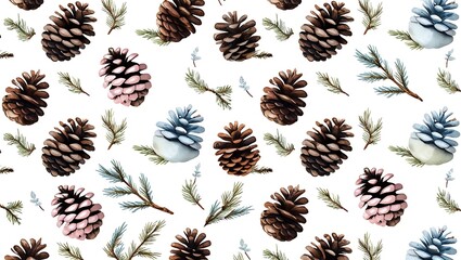 Seamless pattern featuring a variety of pine cones and evergreen branches. The layout is a repeating design with pine cones in different shades of brown, pink, and blue, evenly distributed across a wh