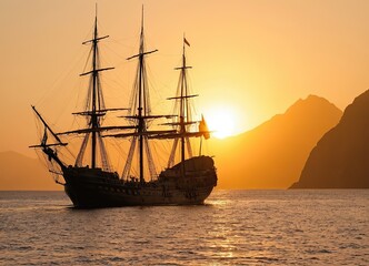 Fototapeta premium A Majestic Sailing Ship Gliding Gracefully at Sunset Over Tranquil, Reflective Waters