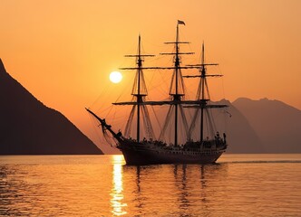 Obraz premium A Majestic Sailing Ship Gliding Gracefully at Sunset Over Tranquil, Reflective Waters