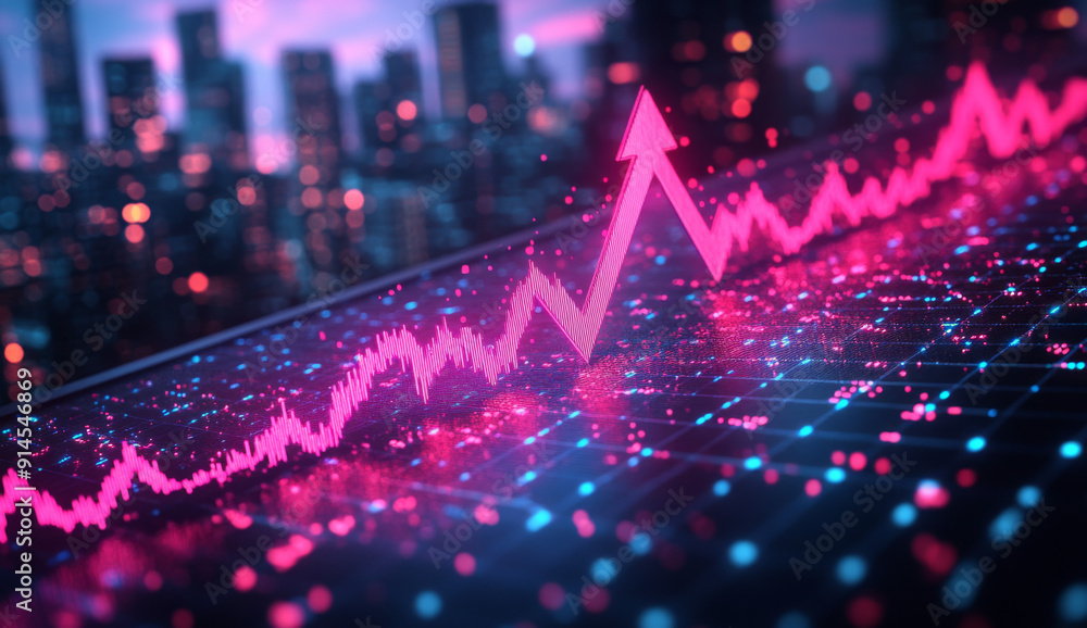 Poster a glowing neon arrow pointing up, on the background of an upwards trending graph. the graphs and arr