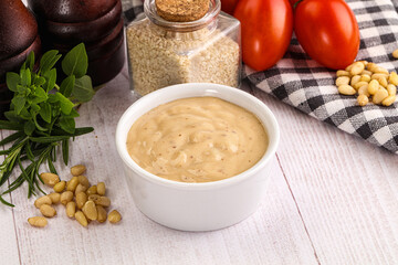 Delicious walnut creamy sauce in the bowl