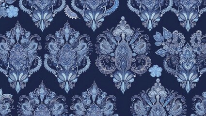 A seamless pattern with ornate, intricate floral and paisley motifs in shades of blue and white