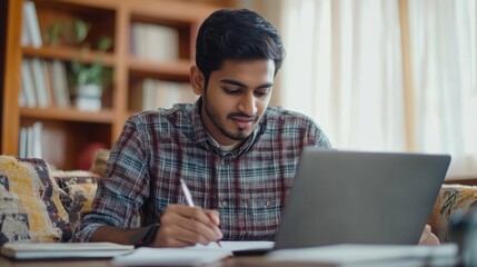 A young man sits on a couch with his laptop, focused on his work