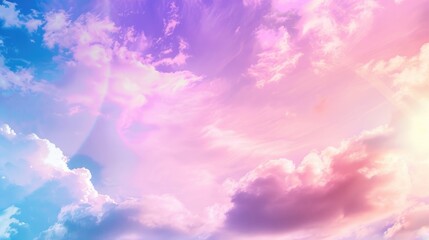 Obraz premium Pastel Pink and Purple Sky Background with Summer Clouds, Rainbow, and Smooth Texture