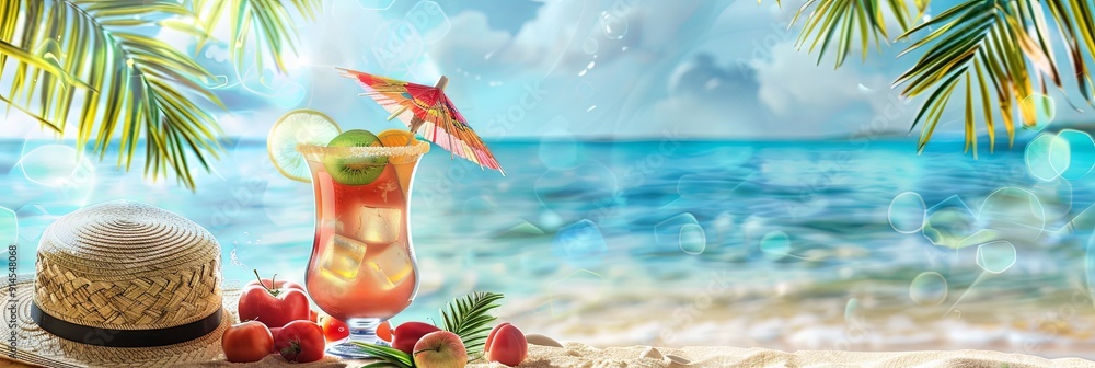 Poster Refreshing tropical cocktail,straw hat,and beach chair set against a backdrop of palm trees,ocean waves,and a vibrant sunset - the perfect scene for a relaxing vacation getaway.