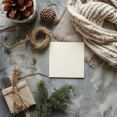 Christmas decorations with a knitted scarf, pine branch, twine, craft envelope, a blank greeting
