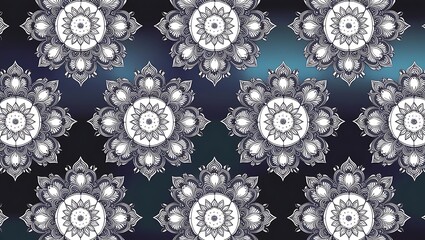A seamless pattern featuring intricate white floral designs on a dark navy blue background
