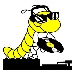 Music Party DJ Caterpillar Vinyl Record Plate Mixer Sunglasses Headphone Animal Comic Cartoon Funny Techno Sound Dance Fun Time Deejay Love Cool Loud Sounds Club Disco Festival Concert Partying Lover