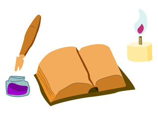 Hand drawn toon (cartoon) styled objects (set) isolated on white background (backdrop): book, pen, ink in glass jar, lightened candle. Vector illustration.