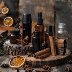 Set of fall natural skincare cosmetics with amber glass bottles, presented with dried orange slices