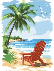 Relaxing Beach View with Palm Tree and Red Adirondack Chair