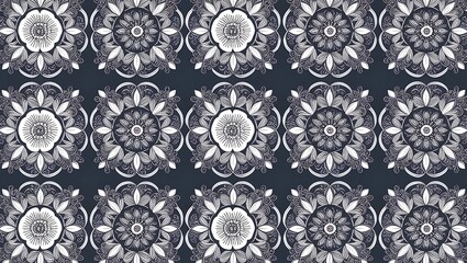 A seamless pattern featuring intricate white floral designs on a dark navy blue background