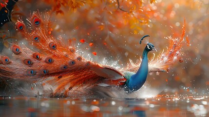 Action shot of peacock taking flight powerful wing outstretched launch into air feather trailing behind like cascade of shimmering color capturing bird's grace agility flight, peacock flight