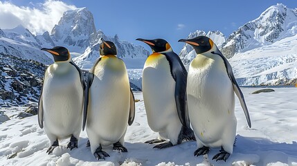 Fototapeta premium Antarctic landscape dotted adorable Emperor Penguins Aptenodytes forsteri huddling together warmth vast expanse of ice snowcapped mountain distance 