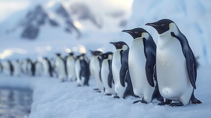 Obraz premium Antarctic landscape dotted adorable Emperor Penguins Aptenodytes forsteri huddling together warmth vast expanse of ice snowcapped mountain distance 