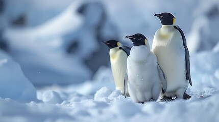 Fototapeta premium Antarctic landscape dotted adorable Emperor Penguins Aptenodytes forsteri huddling together warmth vast expanse of ice snowcapped mountain distance 