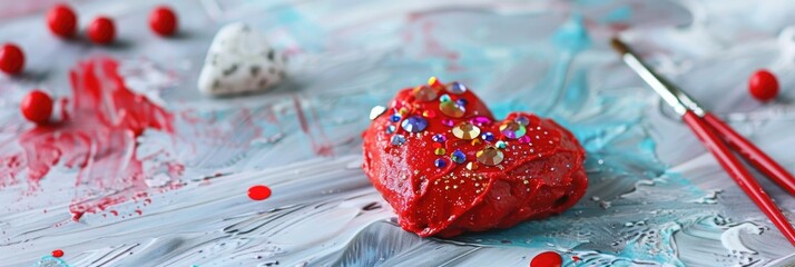 Fototapeta premium Valentine s Day craft with red heart made from play dough adorned with crystal rhinestones and shiny stones on the table Creative holiday art activity for toddlers
