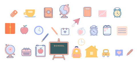 Colorful collection of school-themed icons, including a globe, notebooks, pencils, clocks, an apple, a backpack, and more. Perfect for illustrating classroom, student, university. 