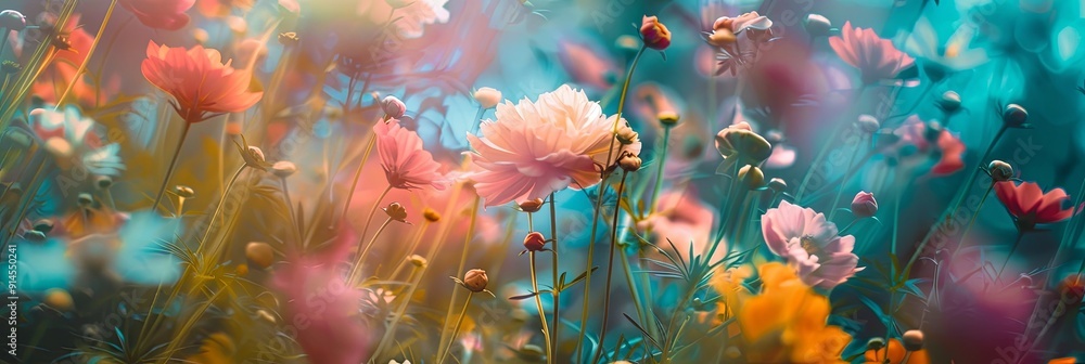 Poster Vibrant floral double exposure showcasing the beauty and tranquility of the summer season. A harmonious blend of nature's verdant splendor and a serene,dreamlike atmosphere.