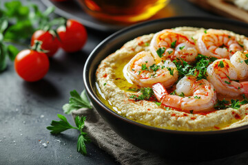 A delicious bowl of hummus generously topped with succulent shrimp and garnished with fresh herbs and spices, set against a dark and textured background.
