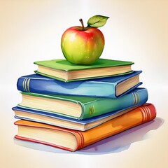 Colorful stack of school textbooks with an apple on top watercolor