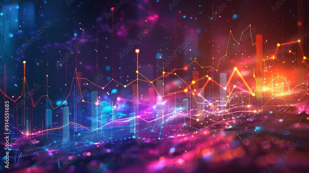 Poster abstract data visualization with neon lights and glowing lines