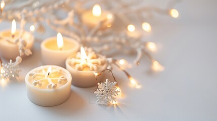 Tiny snowflake candles on a white backdrop. Festive lights, holiday spirit concept. Blank space. Nordic decoration.