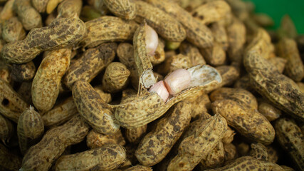 Opened nut shell on group of fresh ground peanuts harvest from field.