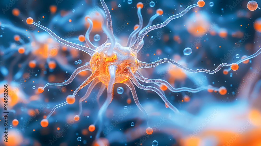 Poster closeup view of neurons and synapses in the brain, exploring complex biological interactions