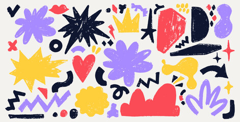 Set of abstract colorful shapes sticker pack. Vector funky colored flower, bubble, star, squiggly, arrow in trendy style. Drawing doodle charcoal squiggles, chalk curly. Pencil rough highlighters.