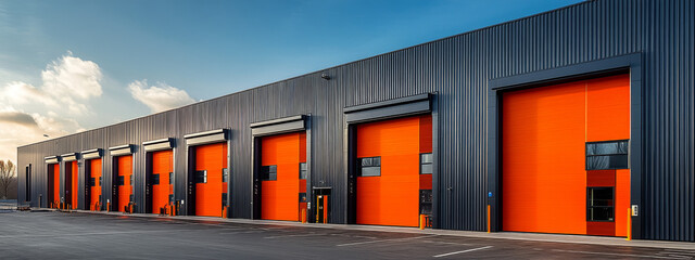 A row of modern warehouse buildings with orange doors, set against the blue sky on an empty parking lot.