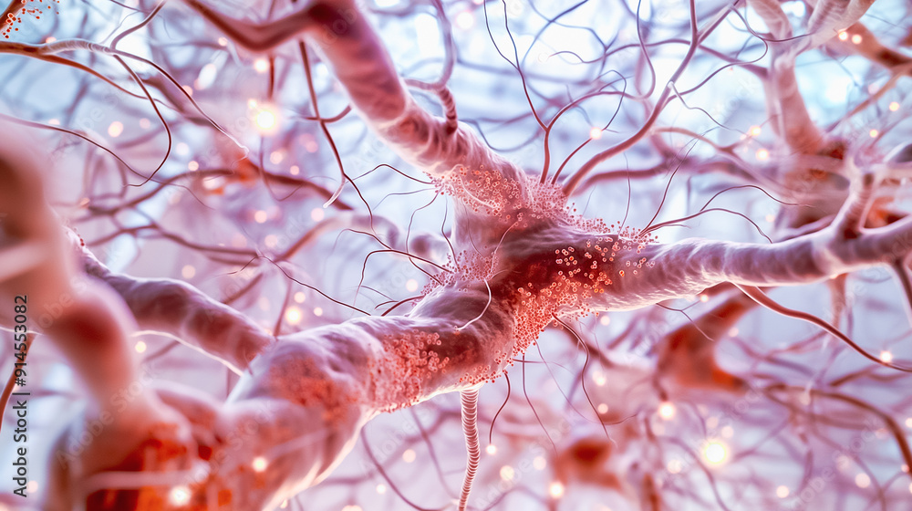 Poster closeup view of neurons and synapses in the brain, exploring complex biological interactions