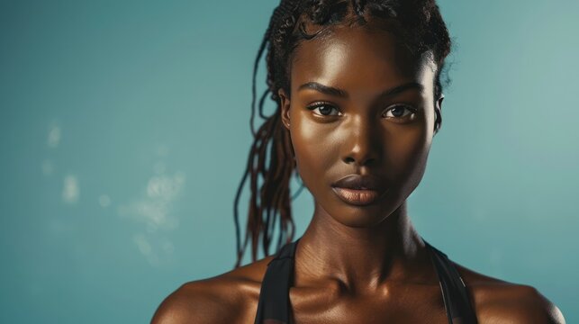 Bella ragazza di origini africane posa in uno studio fotografico vestita per allenamento in palestra