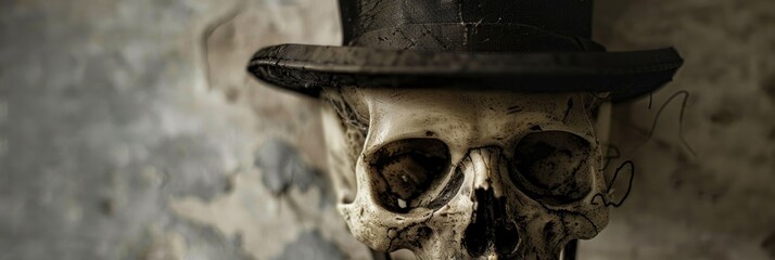 Fototapeta premium Spooky skull without a jaw in a weathered vintage top hat for Halloween
