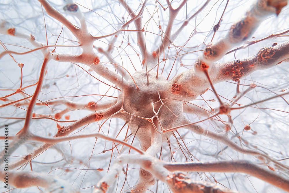 Poster closeup view of neurons and synapses in the brain, exploring complex biological interactions