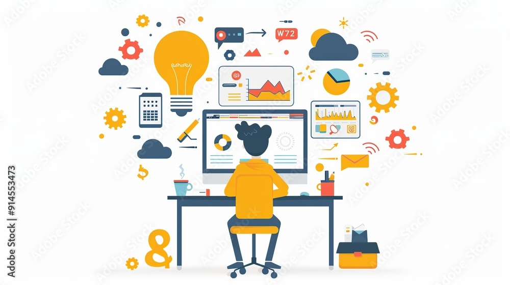 Poster person working on computer with data and ideas
