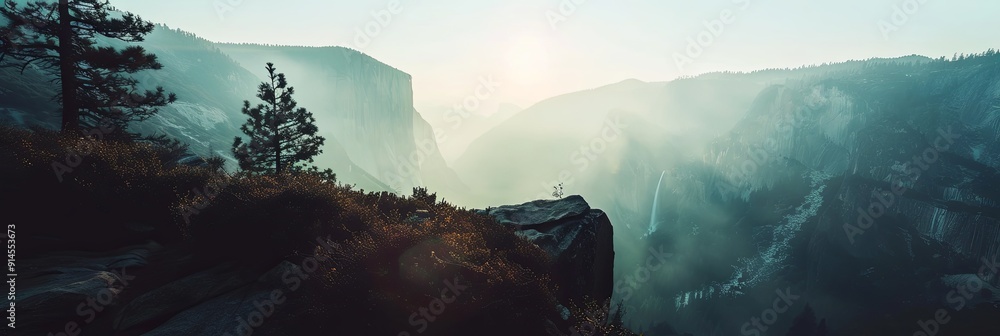 Sticker Ethereal double exposure of Yosemite National Park's towering mountains,symbolizing the grandeur and sublime beauty of nature with ample copy space for text overlay or design elements.