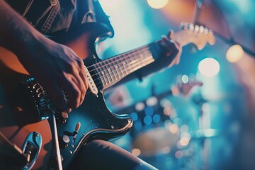 Obraz premium An electrifying live performance showcasing an exceptionally talented guitarist passionately in action