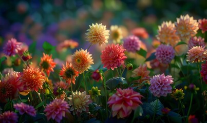 Dahlias in a garden, displaying diverse colors and varieties
