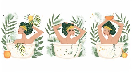 Naklejka premium Design set of three hand drawn modern illustrations. Spa natural treatments, diy cosmetics, bathing, eco, relax concept. Set of three hand drawn modern illustrations.